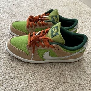 Nike SB Dunk Low Pro Green and Tan Sneakers with Orange Laces